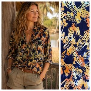 Rum Reggae Womens Alligator Novelty Cabana Button Up Shirt Sz L Crocodile Rayon
